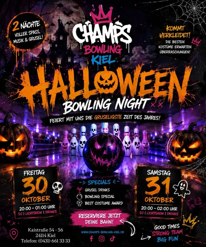 Flyer: Halloween Bowling Night im Champs Kiel am 30. und 31. Oktober