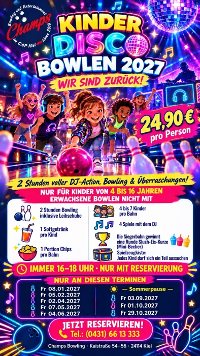 Flyer: Kinder-Disco-Bowlen 2027 – wir sind zurück!
