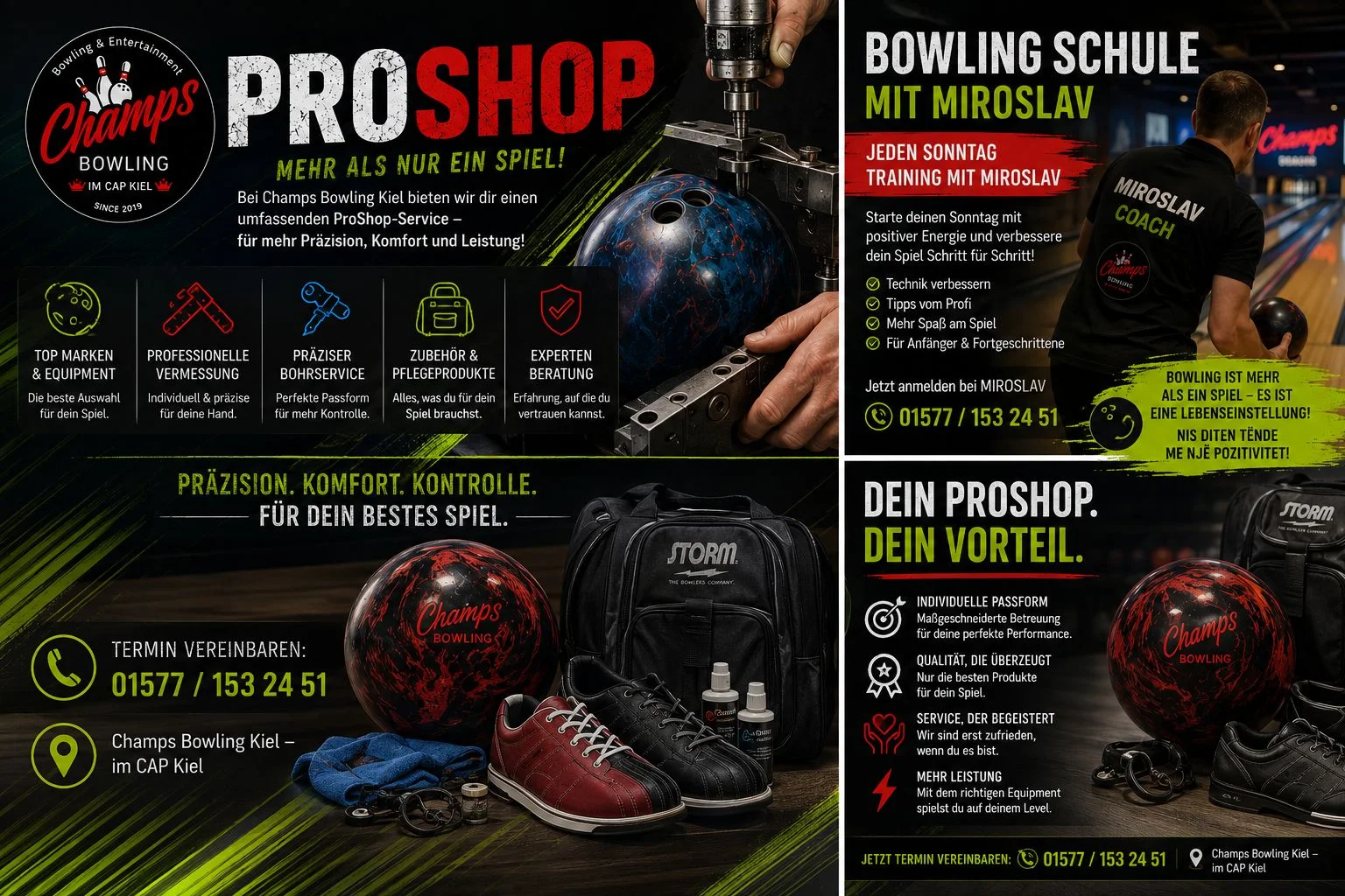 ProShop-Service: Top-Marken, professionelle Vermessung, präziser Bohrservice, Zubehör und Expertenberatung; Bowlingschule mit Miroslav jeden Sonntag