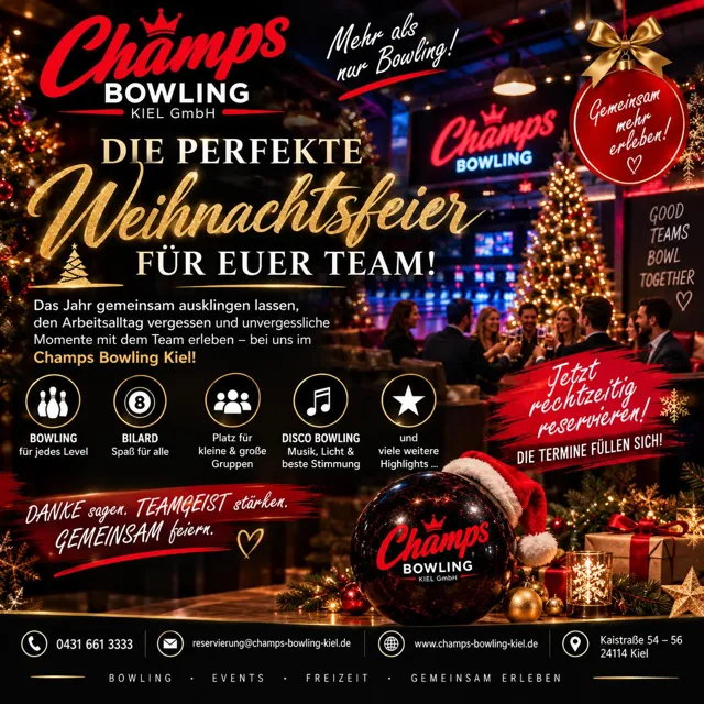 Flyer: Die perfekte Weihnachtsfeier für euer Team im Champs Bowling Kiel