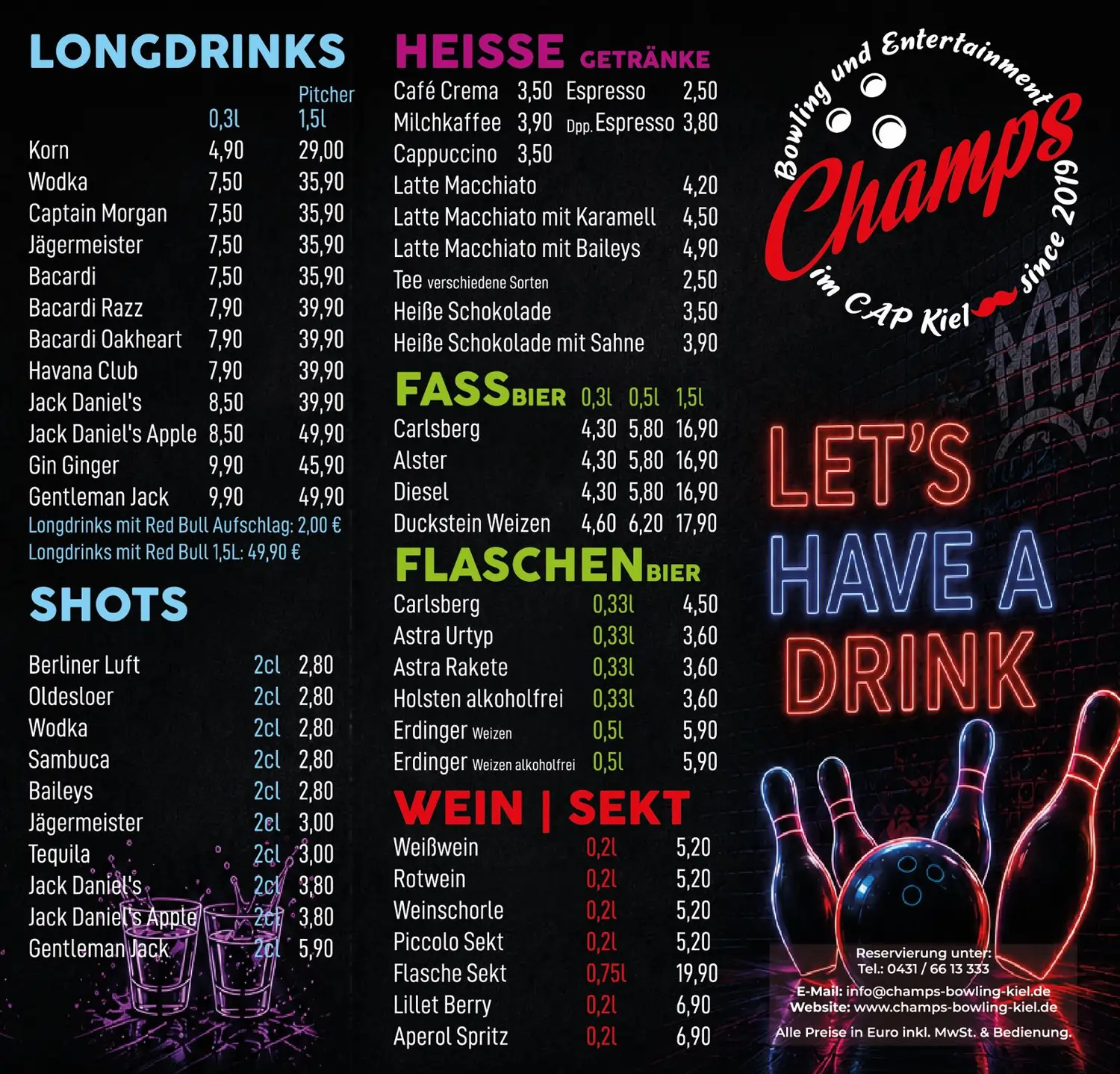 Champs Bowling Kiel GmbH Getränkekarte